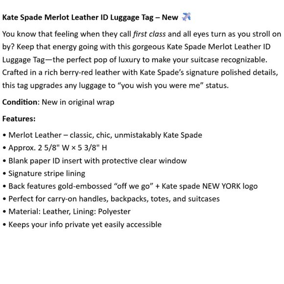 Kate Spade Merlot Leather ID Luggage Tag – New ✈️ - Picture 2 of 5